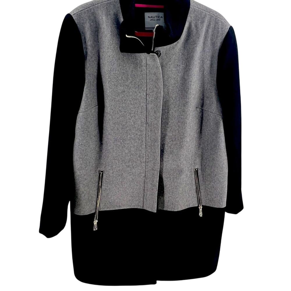 Nautica Women’s Color Block Black & Gray Wool Blend Longline Coat size 12